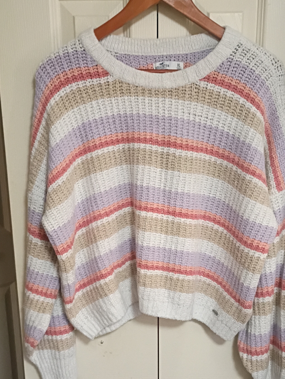 Hollister Pastel Striped Crewneck Sweater - White, Lavender & Tan